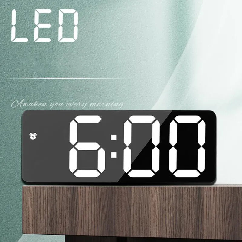 controle de Despertador digital acrílico/espelho,  voz (alimentado por bateria), relógio de mesa, modo noturno, 12/24h LED