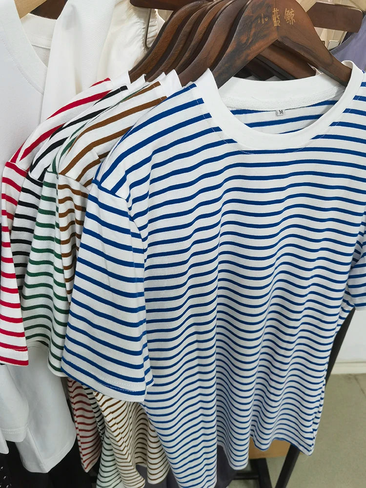 T-shirt verão manga curta tipo listrado algodão harajuku (Importado)