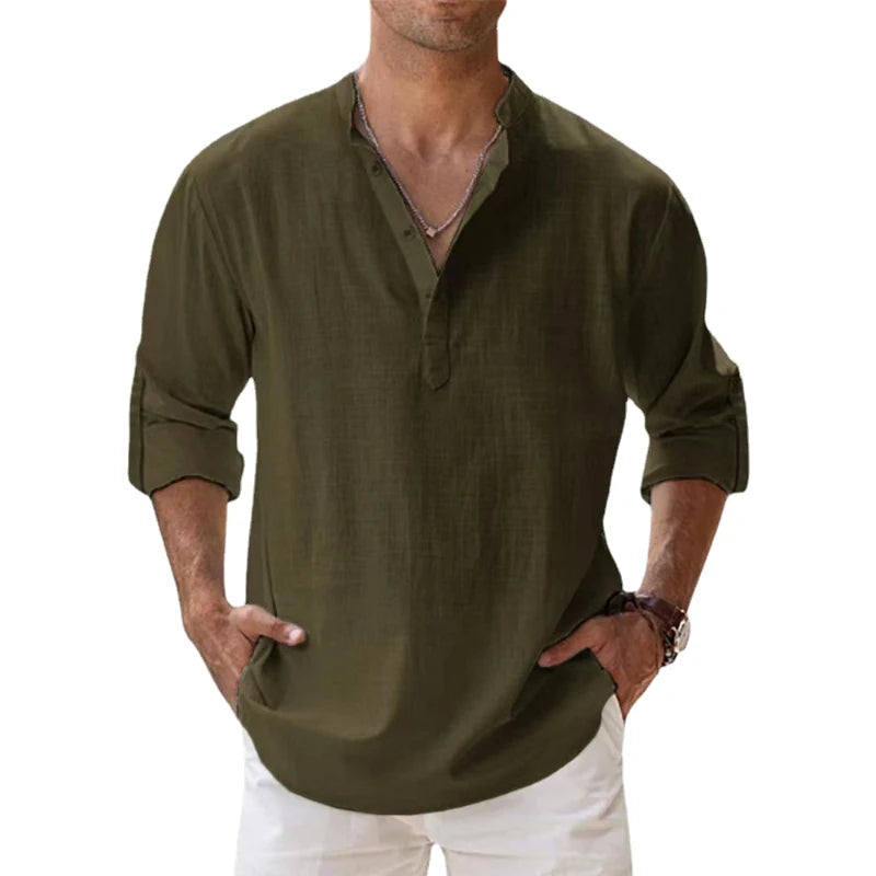 Camisa masculina de linho, manga longa respirável - casual básica