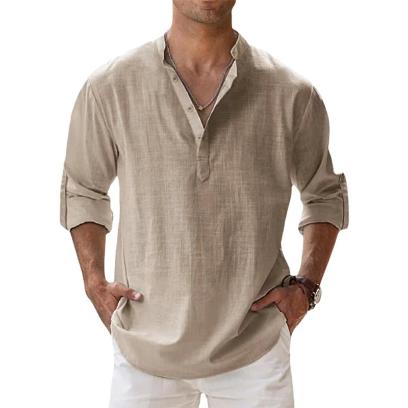 Camisa masculina de linho, manga longa respirável - casual básica